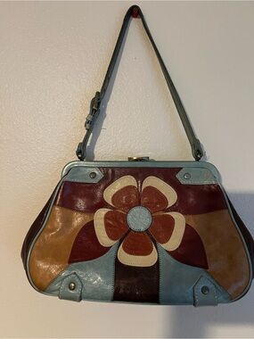 Isabella Fiore Multicolor Patchwork Flower Shoulder Bag in Blue, Tan & Burgundy